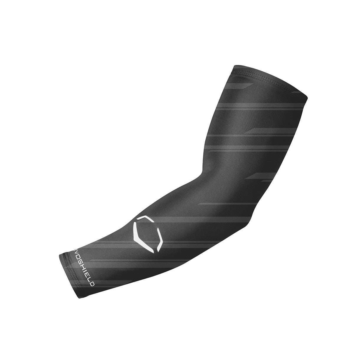 The EvoShield Speed Stripe Compression Arm Sleeve (WTV1045180) is a black, moisture-wicking compression sleeve with subtle diagonal lines, a white geometric EvoShield logo near the elbow, and "BIO-SHIELD" by the wrist.