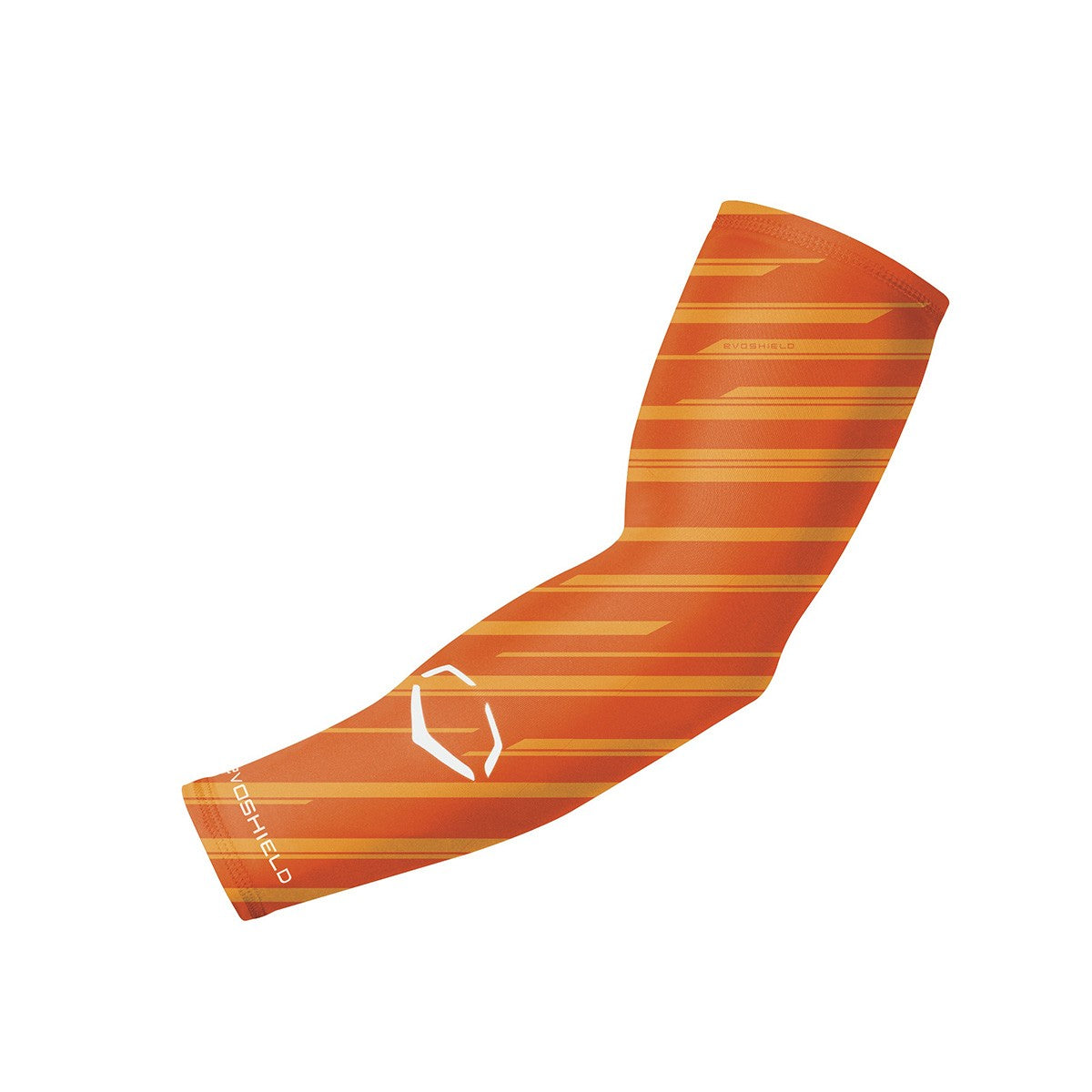The EvoShield Speed Stripe Compression Arm Sleeve (WTV1045180) by EvoShield features an orange compression fit with striped patterns, a white geometric logo, "SHIELD" near the wrist, and moisture-wicking fabric to keep you dry.