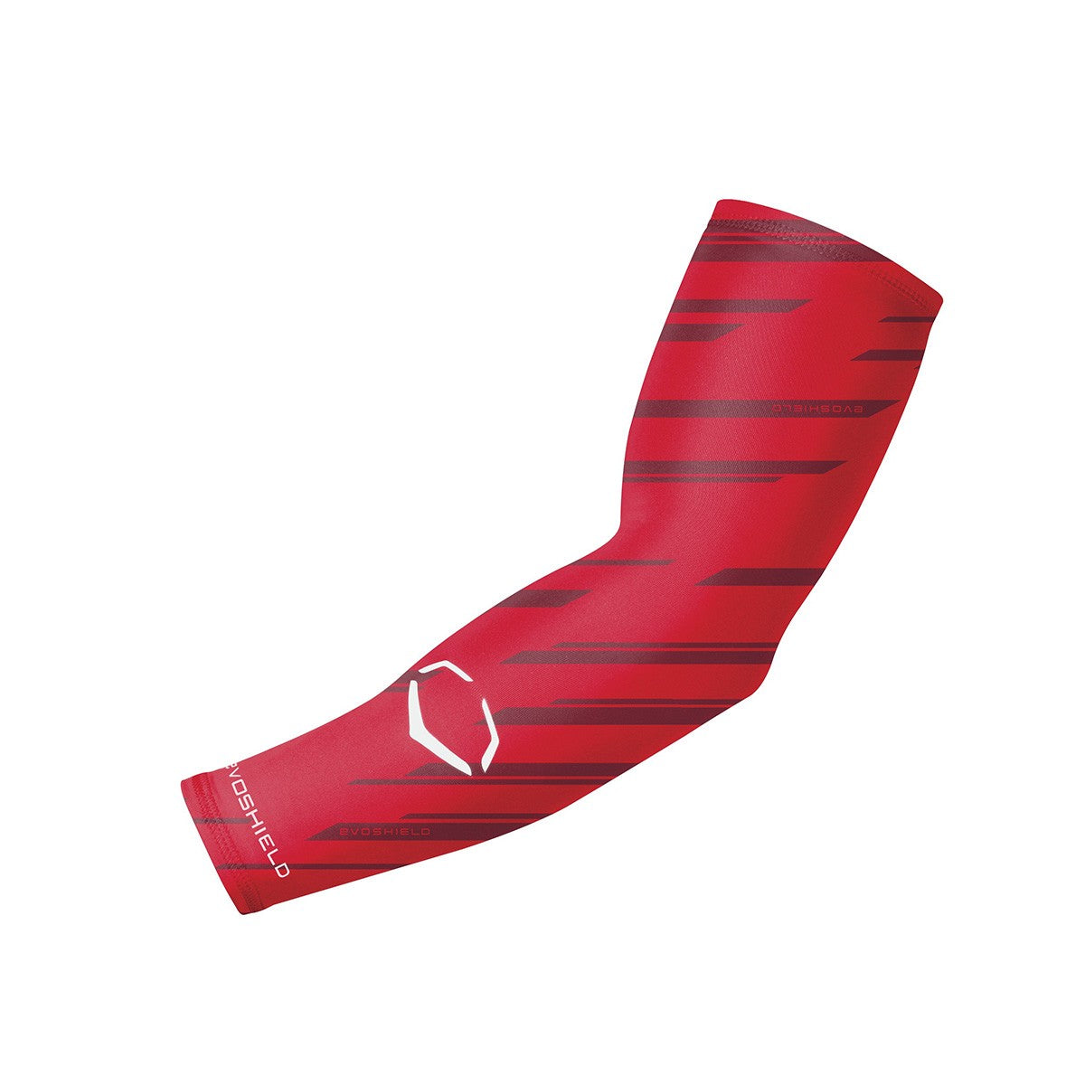 The EvoShield Speed Stripe Compression Arm Sleeve (WTV1045180) is red with dark diagonal stripes and a white logo, made from moisture-wicking fabric with a compression fit. Shown on a white background.