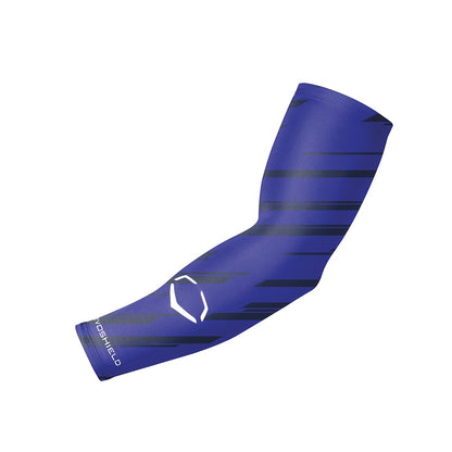 The EvoShield Speed Stripe Compression Arm Sleeve (WTV1045180) by EvoShield features blue compression fabric with black diagonal stripes, a white geometric logo by the forearm, and moisture-wicking performance.