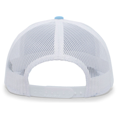 Back view of the Pacific Headwear NSA Outline Series Snapback Hat: 104 with adjustable snapback closure, white mesh panels, and a light blue top button—ideal for National Softball Association fans.