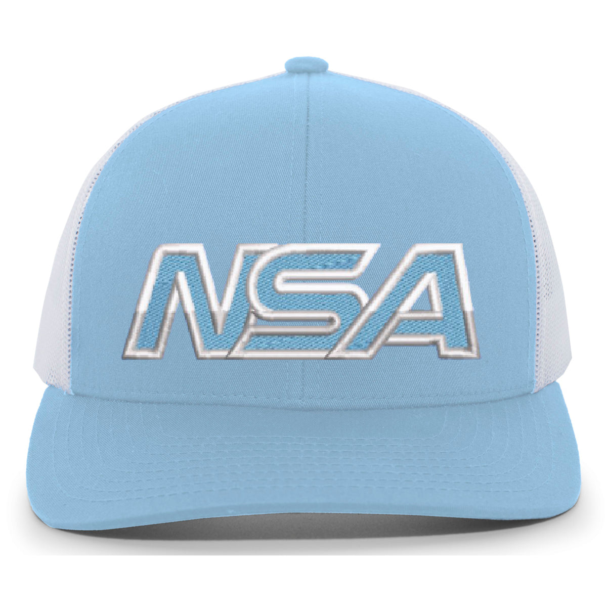 The NSA Outline Series Snapback Hat: 104 by Pacific Headwear features a light blue and white design with bold, metallic-style "NSA" letters, ideal for National Softball Association fans.