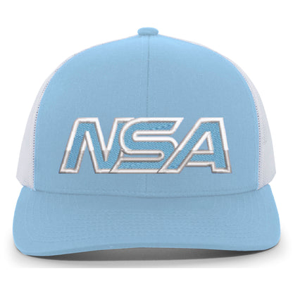 The NSA Outline Series Snapback Hat: 104 by Pacific Headwear features a light blue and white design with bold, metallic-style "NSA" letters, ideal for National Softball Association fans.