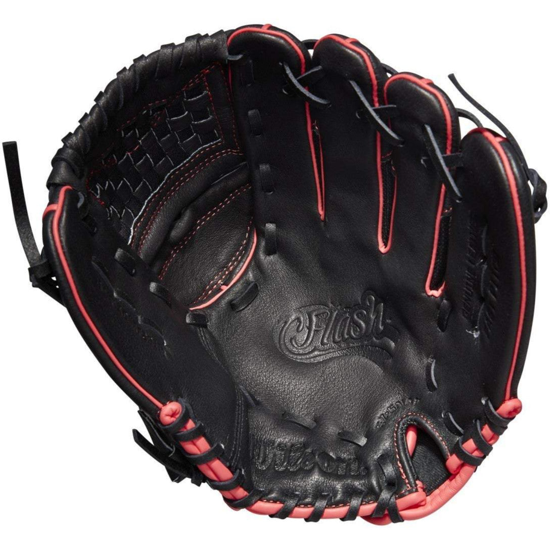 The Wilson Flash 11.5" Fastpitch Glove (WBW100415115) is a black youth glove with red accents, "Flash" embossed in the palm, and a Closed Corset Web—ideal for fast infield play. Brand new and unused.