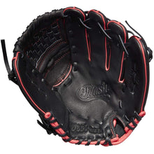 The Wilson Flash 11.5" Fastpitch Glove (WBW100415115) is a black youth glove with red accents, "Flash" embossed in the palm, and a Closed Corset Web—ideal for fast infield play. Brand new and unused.