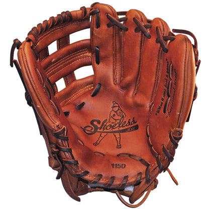 The Shoeless Joe 11.5" Baseball Glove: 1150HW is a brown leather infielder's glove with black laces, a player graphic on the palm, and detailed interior stitching, showcasing Shoeless Joe branding and craftsmanship.