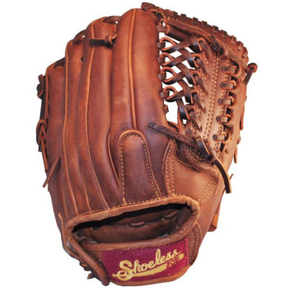 The Shoeless Joe 11.5" Baseball Glove: 1150MT features brown leather, visible stitching and laces, plus a red patch with "Shoeless" in yellow near the wrist—perfect for players seeking style and performance.