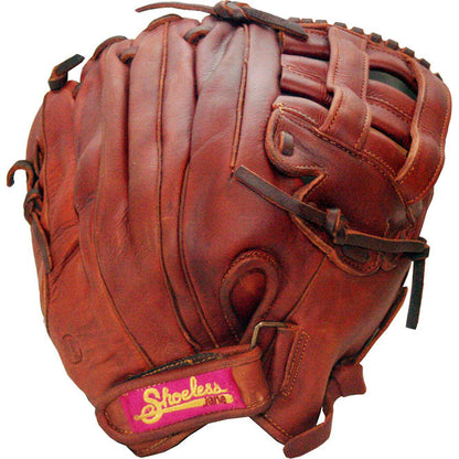 A brown leather Shoeless Jane 11.75" Fastpitch Glove (1175FPHW) by Shoeless Joe, featuring black lacing, an H Web pocket, and a pink patch labeled Shoeless Joe on the adjustable wrist strap.