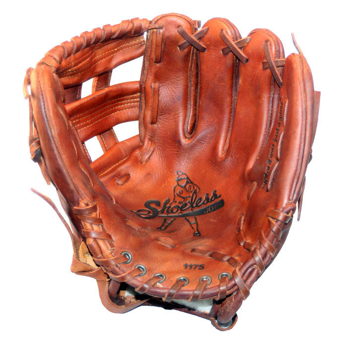 A worn Shoeless Joe 11.75" Baseball Glove (1175HW) made of brown tobacco-tanned steerhide features visible laces, interior stitching, and the Shoeless Joe logo stamped on the palm.