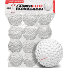 A 12-pack of white dimpled PowerNet Launch F-Lite Pitching Machine Baseballs (1194-1) is shown, ideal for batting or pitching machine practice, with one ball prominently displayed in front of the package.