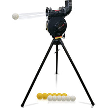 The PowerNet Launch F-Lite Portable Pitching Machine (1194) by PowerNet is a black, variable speed tripod machine that launches white baseballs; it comes with six yellow and four white balls, perfect for baseball and softball training.