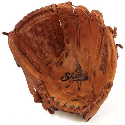 The Shoeless Joe 12" Baseball Glove: 1200BW features rich brown Steerhide leather, visible laces, vintage-style palm art, Shoeless Joe branding, and a well-crafted, authentic worn look.
