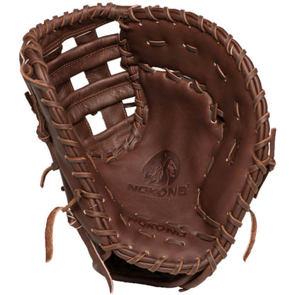 The Nokona X2 Elite 13" Baseball/Fastpitch First Base Mitt (X2-N70) is a brown leather glove made from Stampede Steerhide, featuring visible stitching and laces, with the Nokona logo and Native American profile embossed on the palm.