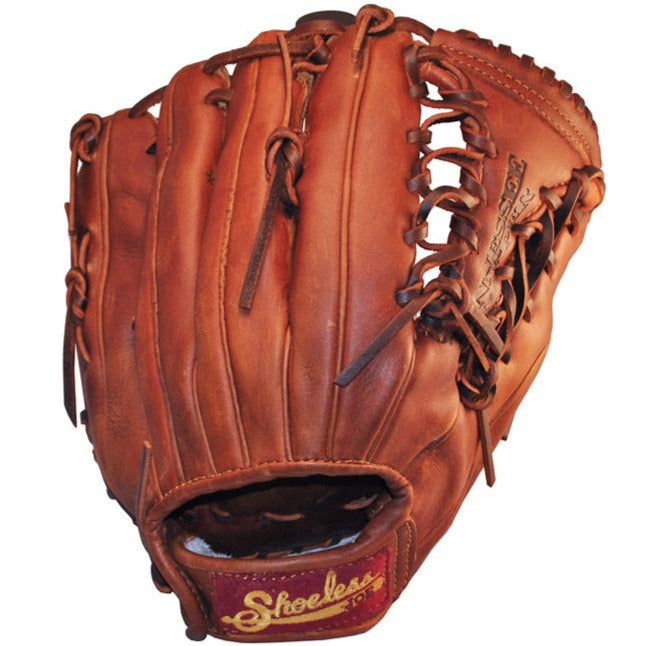 The Shoeless Joe 12.5" Baseball Glove: 1250TT features brown leather, intricate lacing, a red patch near the wrist opening, and classic craftsmanship—all viewed from the front.