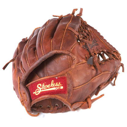 A well-worn Shoeless Joe 12.5" Baseball Glove (1250TT), with prominent stitching, laces, and a red Shoeless Joe patch on the thumb—showcasing classic craftsmanship from the Shoeless Joe brand.
