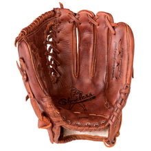 A well-worn Shoeless Joe 12.5" Baseball Glove (model 1250TT) in brown leather features visible stitching and lacing, shown open to display the palm side with the Shoeless Joe logo and model details inside.