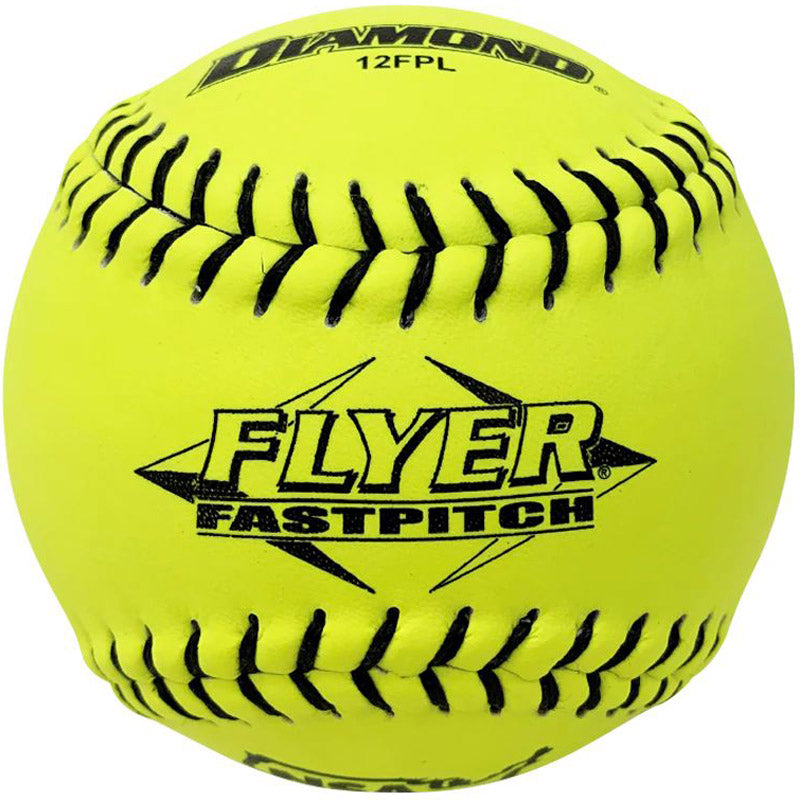 The Diamond NSA Flyer 12" 47/375 Leather Fastpitch Softball features optic yellow leather, black stitching, and bold FLYER FASTPITCH and DIAMOND 12FPL print. NSA approved for reliable on-field performance.