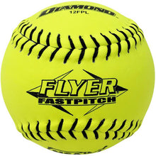 The Diamond NSA Flyer 12" 47/375 Leather Fastpitch Softball features optic yellow leather, black stitching, and bold FLYER FASTPITCH and DIAMOND 12FPL print. NSA approved for reliable on-field performance.