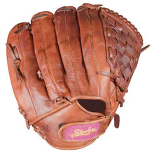 The Shoeless Joe Shoeless Jane 13" Fastpitch Glove (1300FPBW) is a brown leather fielder’s glove with visible stitching, laces, a basket weave pocket, and a pink "Shoeless" patch near the thumb.