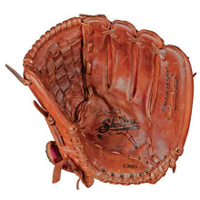 A well-worn Shoeless Jane 13" Fastpitch Glove (1300FPBW) by Shoeless Joe, in brown leather with visible stitching, laces, a basket weave pocket, and the brand name on the palm. The glove is open and shown from above.
