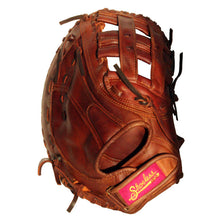 A brown Shoeless Joe 13" Fastpitch First Base Mitt (1300FPFB) with black laces and a pink and yellow wrist label, inspired by classic Shoeless Jane women's softball gloves.