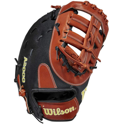 A new Wilson A2000 SC1620SS 12.5" SuperSkin first base mitt (WBW100123125) in brown/black with visible lacing, yellow branding, webbed pocket, Wilson logo on the wrist strap, and SpinControl Technology.
