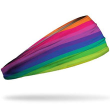 The Junk Crayon Cove Headband by Junk features horizontal rainbow stripes on a white background and is made from technical t-shirt fabric for comfort and moisture-wicking performance.