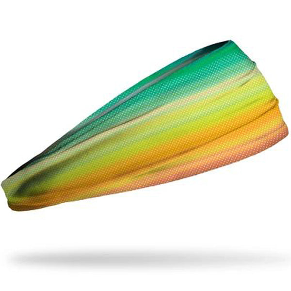 The Junk Citrus Headband by Junk features a vibrant rainbow pattern and is made from moisture-wicking technical t-shirt fabric, making it an ideal athletic headband for active days.