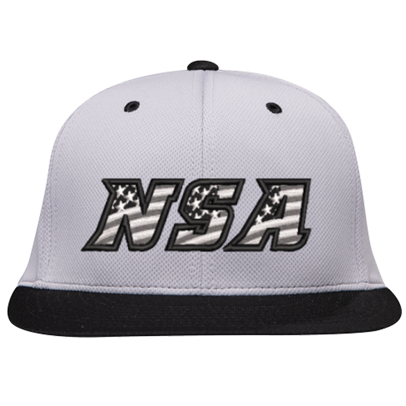 The Pacific Headwear NSA Flag Series Silver Black Flex Fit Hat (ES342-SLBK) features a gray crown, black brim, bold NSA letters with star-and-stripe pattern in black, white, and gray, and offers all-day comfort with Premium P-TEC Performance Flexfit.