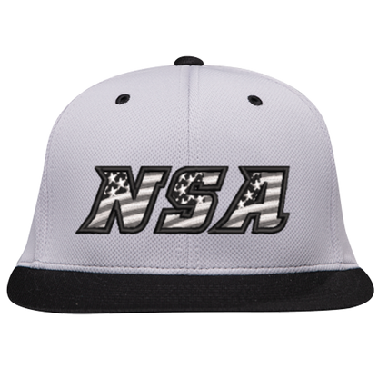 The Pacific Headwear NSA Flag Series Silver Black Flex Fit Hat (ES342-SLBK) features a gray crown, black brim, bold NSA letters with star-and-stripe pattern in black, white, and gray, and offers all-day comfort with Premium P-TEC Performance Flexfit.