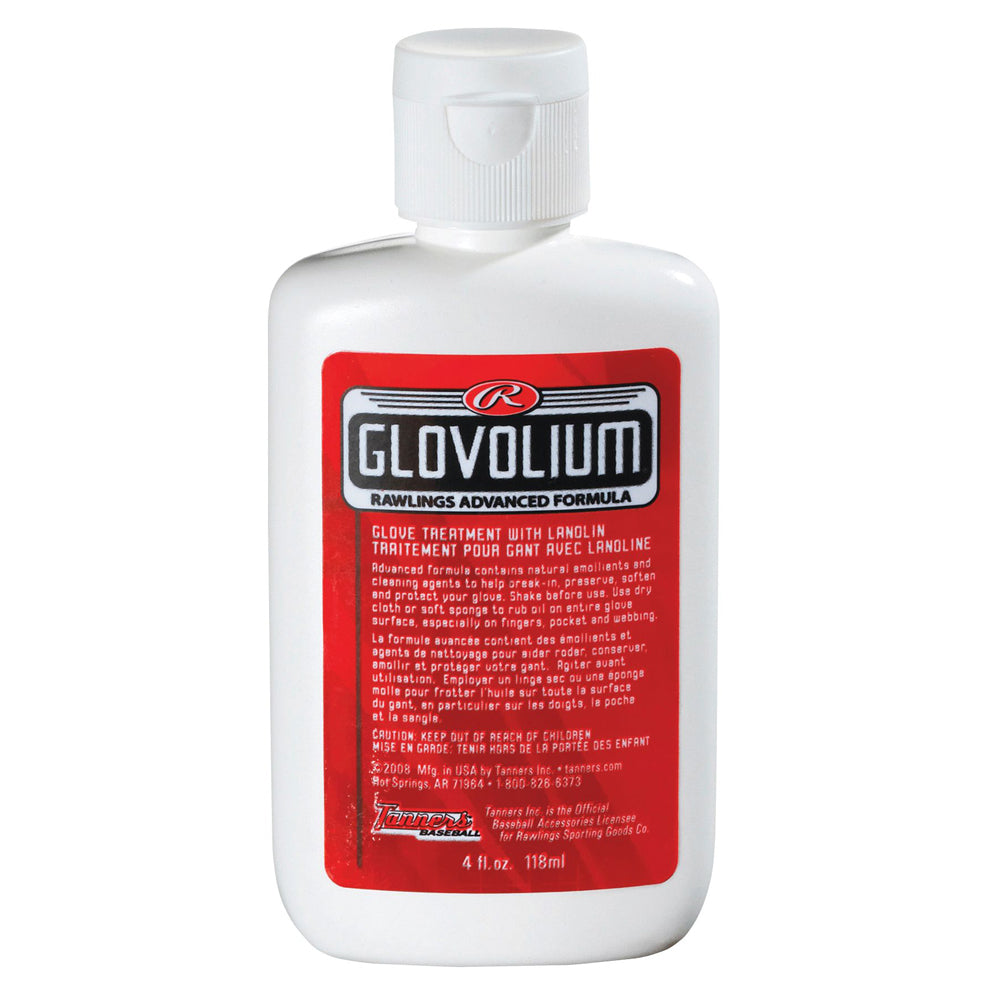 A 4 fl. oz. white bottle of Rawlings Glovolium Glove Treatment: G25GII, featuring a red label with product details and a white flip-top cap, from the Rawlings brand.