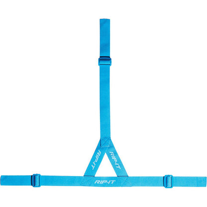 Rip It Ponytail Strap for Defense Softball Fielder's Mask (DGSTRAP) shown on a white background. This bright blue adjustable nylon helmet strap features Rip It branding on both sides and plastic buckles, perfect as a ponytail strap.