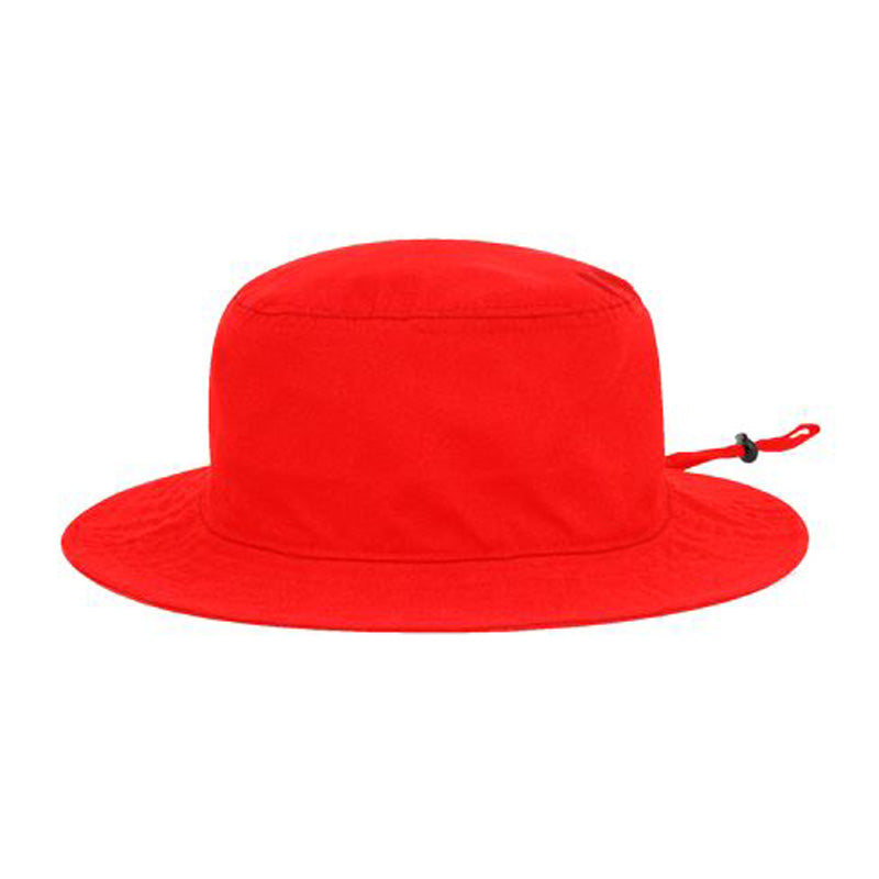 The Pacific Headwear NSA Flag Series Bucket Hat (1944B-RED) features a bright red design, wide brim, and adjustable back drawstring, showcased on a plain white background.