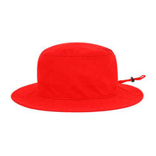 The Pacific Headwear NSA Flag Series Bucket Hat (1944B-RED) features a bright red design, wide brim, and adjustable back drawstring, showcased on a plain white background.