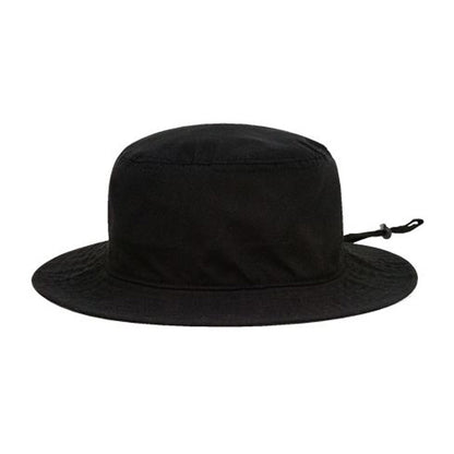 The Pacific Headwear NSA Flag Series Bucket Hat: 1944B is a plain black boonie hat with a wide brim for sun protection and an adjustable back strap, shown against a white background.