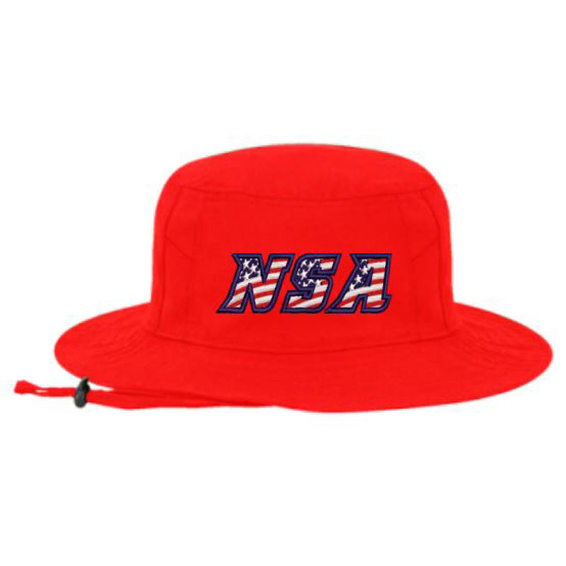 The Pacific Headwear NSA Flag Series Bucket Hat: 1944B-RED is a bright red boonie hat with a bold, flag-patterned NSA logo, wide brim for sun protection, and an adjustable chin strap.