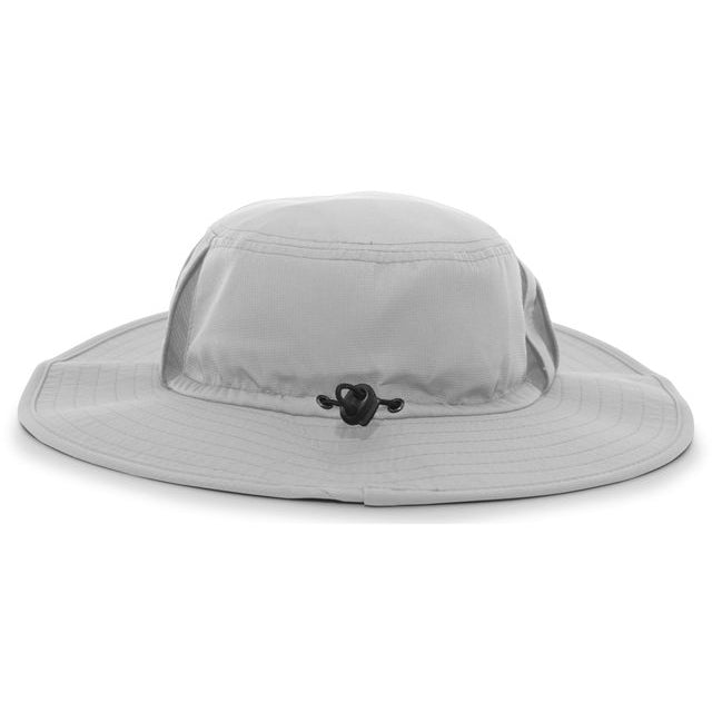 The NSA Flag Series Bucket Hat: 1946B by Pacific Headwear is a light gray wide-brim hat with a round crown and adjustable chin cord, offering reliable outdoor protection.