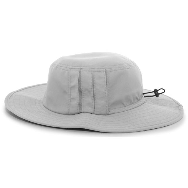 The NSA Flag Series Bucket Hat: 1946B by Pacific Headwear is a light gray, wide-brimmed sun hat with a flat crown, side ventilation, and an adjustable back drawstring, displayed on a white background.