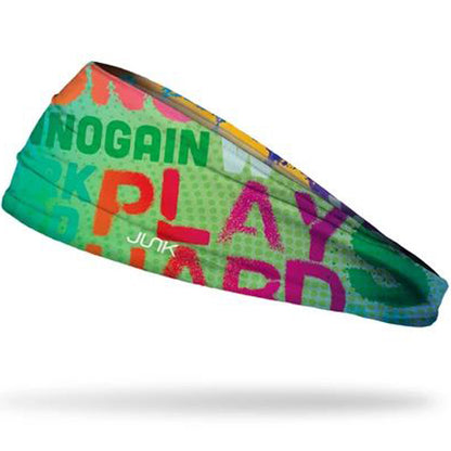 The Junk Inner Drive Headband by Junk is made from moisture-wicking technical t-shirt fabric and features bold text on the front.