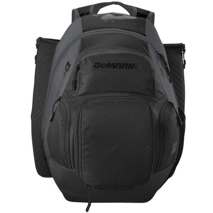 The DeMarini Voodoo OG Backpack (WB57117) is a black baseball backpack featuring multiple zippered compartments, side bat sleeves, and a top carrying handle, shown on a white background.
