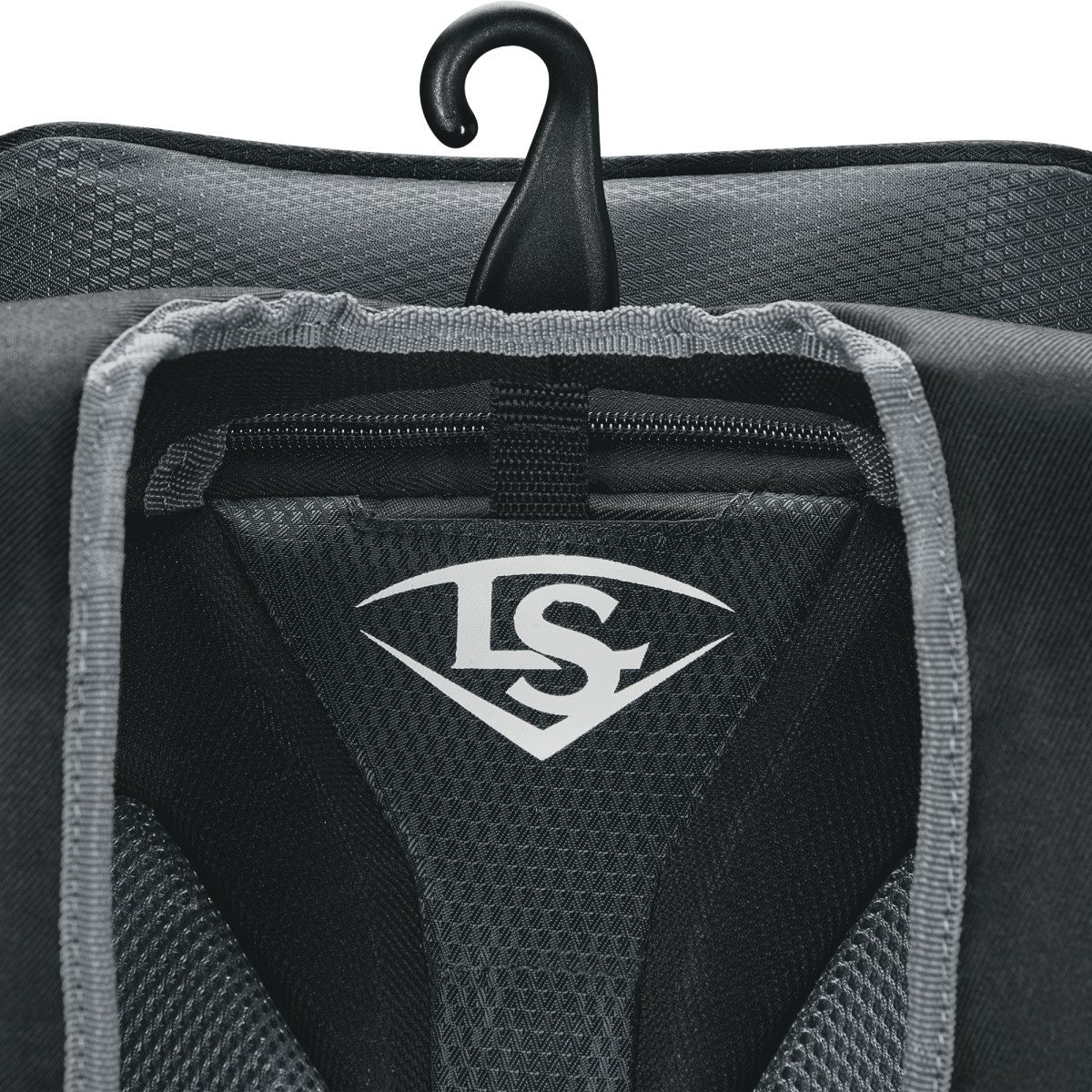 Close-up of the Louisville Slugger Prime Stick Pack Backpack: WTL9902 in black and gray, featuring a hook and white LS logo inside—an ideal Louisville Slugger baseball backpack for organizing your gear.