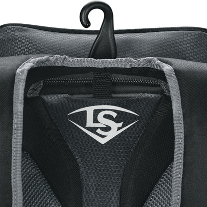 Close-up of the Louisville Slugger Prime Stick Pack Backpack: WTL9902 in black and gray, featuring a hook and white LS logo inside—an ideal Louisville Slugger baseball backpack for organizing your gear.