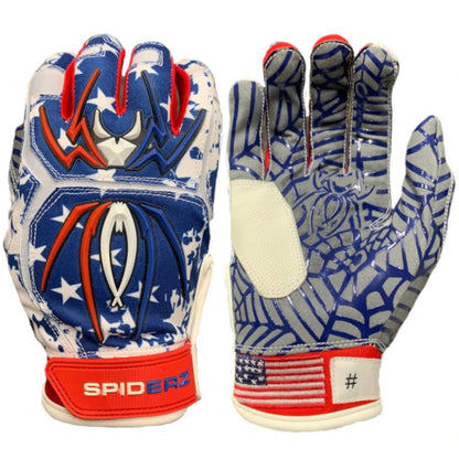 The Spiderz HYBRID Adult Batting Gloves by Spiderz feature blue, white, and red colors with star patterns, web designs, a spider logo, and an American flag patch. These pro-quality gloves deliver maximum grip for peak performance.
