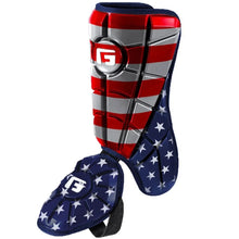The G-Form Batter's Leg Guard (LG0102) features a bold G logo, red, white, and silver American flag design on the shin, blue with white stars on the ankle, plus SmartFlex padding for superior comfort and protection.