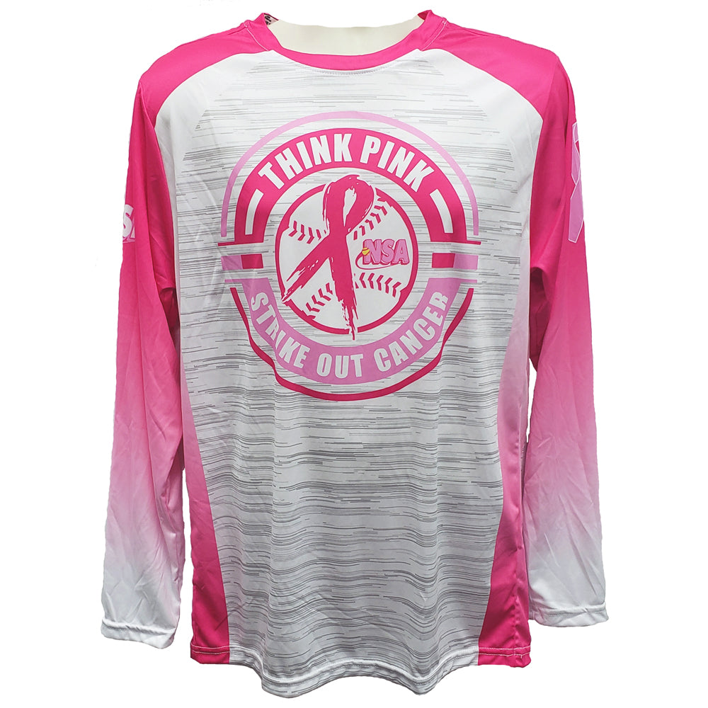 Support breast cancer awareness in the DSG Apparel National Softball Association NSA Sublimated Long Sleeve Shirt, featuring pink and white gradient sleeves, THINK PINK STRIKE OUT CANCER print, pink ribbon, and bold softball graphic.