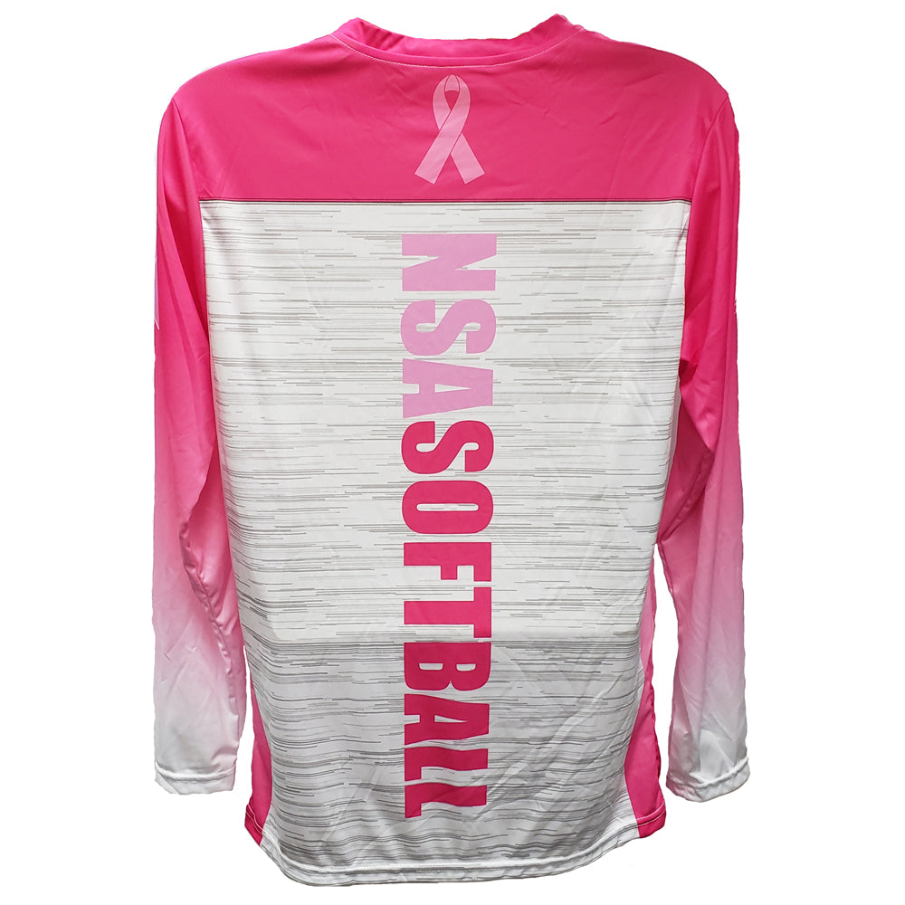 The DSG Apparel National Softball Association NSA Breast Cancer Awareness Sublimated Long Sleeve Shirt features a pink and white design, a top ribbon, and "NSA SOFTBALL" boldly printed vertically on the back.