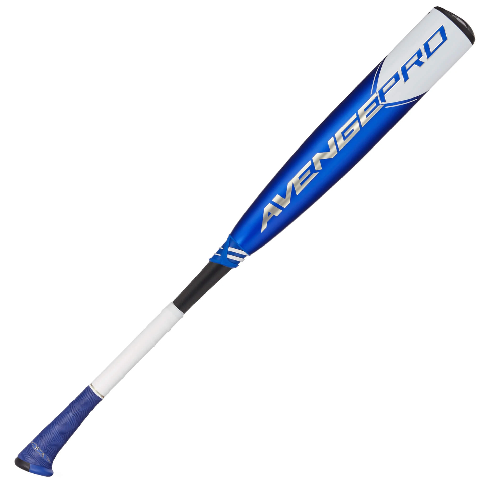 A blue and white 2023 AXE Avenge Pro (-5) 2 5/8" USSSA Baseball Bat: L199K (USED), featuring advanced 3-piece composite construction for enhanced performance.