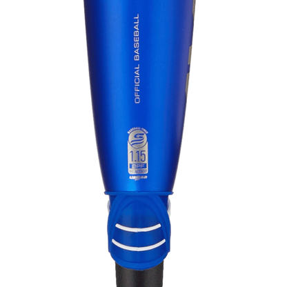 Close-up of the lower part of the 2023 AXE Avenge Pro (-5) USSSA Baseball Bat, showing “OFFICIAL BASEBALL” text, a USSSA 1.15 BPF logo, and a black grip with blue and white accents that highlight its advanced 3-piece composite build.