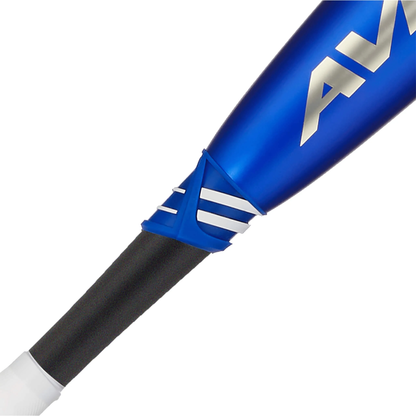 Close-up of the blue 2023 AXE Avenge Pro (-5) 2 5/8" USSSA Baseball Bat (USED) handle, showing a white grip with white stripes near the barrel and part of "ADV" in white lettering.