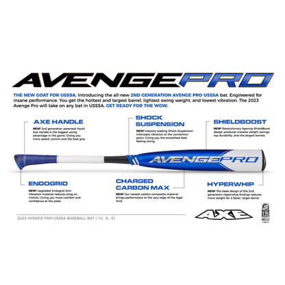 A 2023 AXE Avenge Pro (-5) 2 5/8" USSSA Baseball Bat: L199K (USED) by AXE is shown in blue, white, and gray, highlighting its 3-piece composite build with an AXE handle, shock suspension, shieldboost, endogrid, and hyperwhip tech.